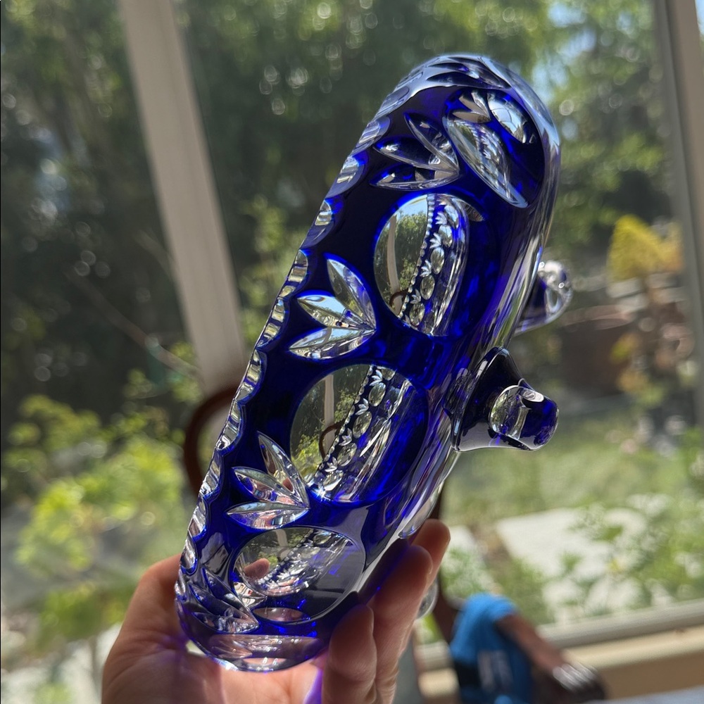 Vintage Cobalt Blue Cut Glass Decorative Bowl - Home Art 8” width , 3” tall - Picture 5 of 13
